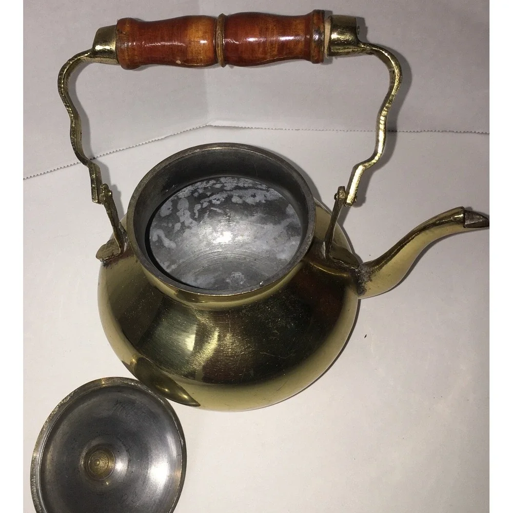 Vintage Decorative Use Only Collectible Brass Finish Tea Kettle With Wood Handle